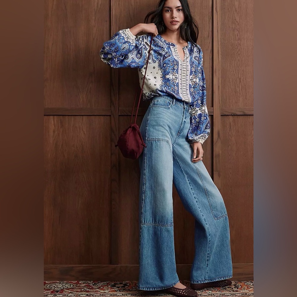 LOFT Light Blue Patchwork Wide-Leg Jeans